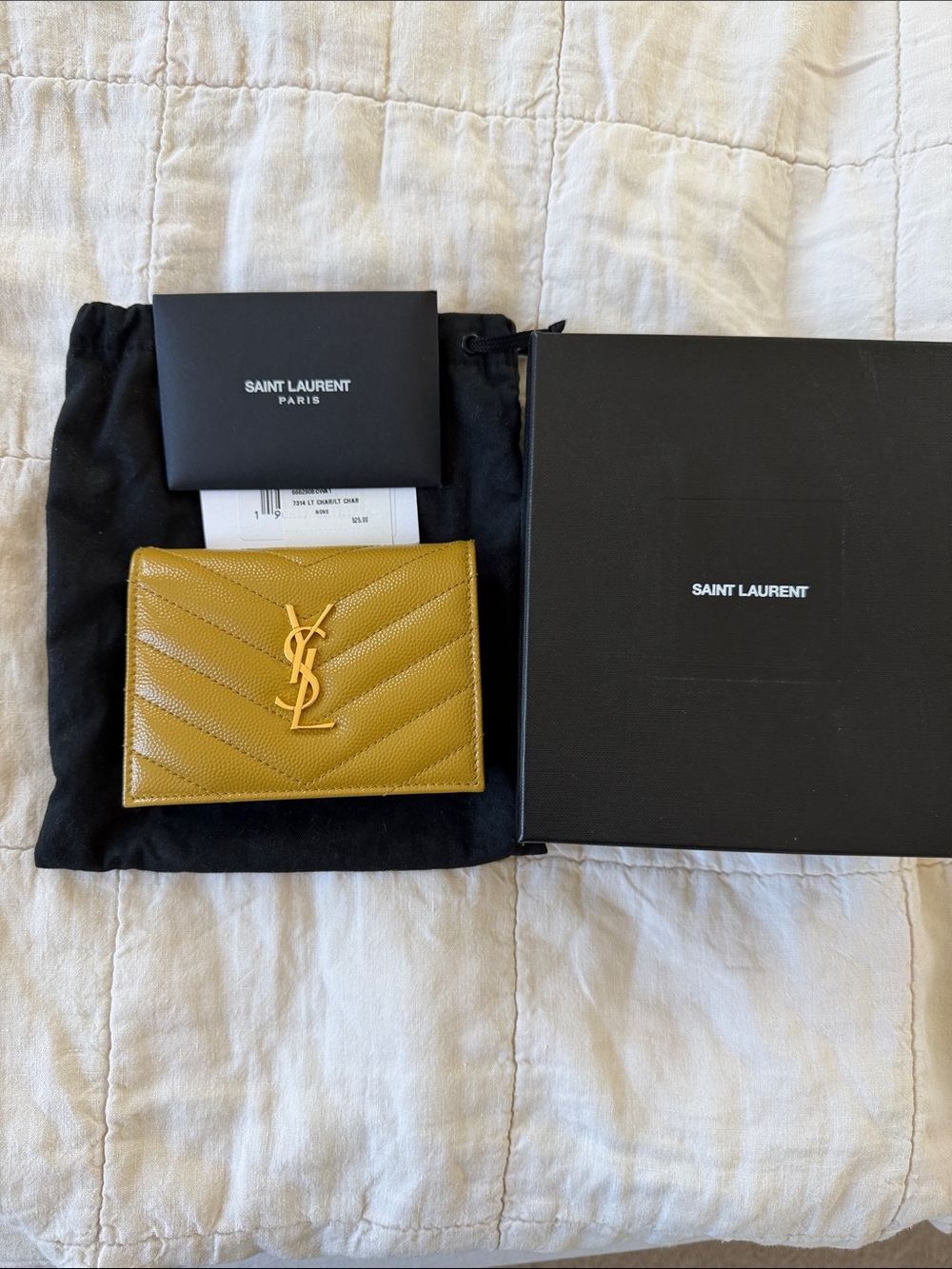 Saint Laurent Yellow Quilted Leather Card Case with Gold YSL Logo
